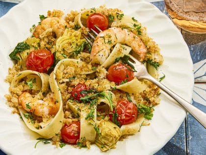 Summer Shrimp Pasta With Artichokes, Cherry Tomatoes, and Crispy Breadcrumbs