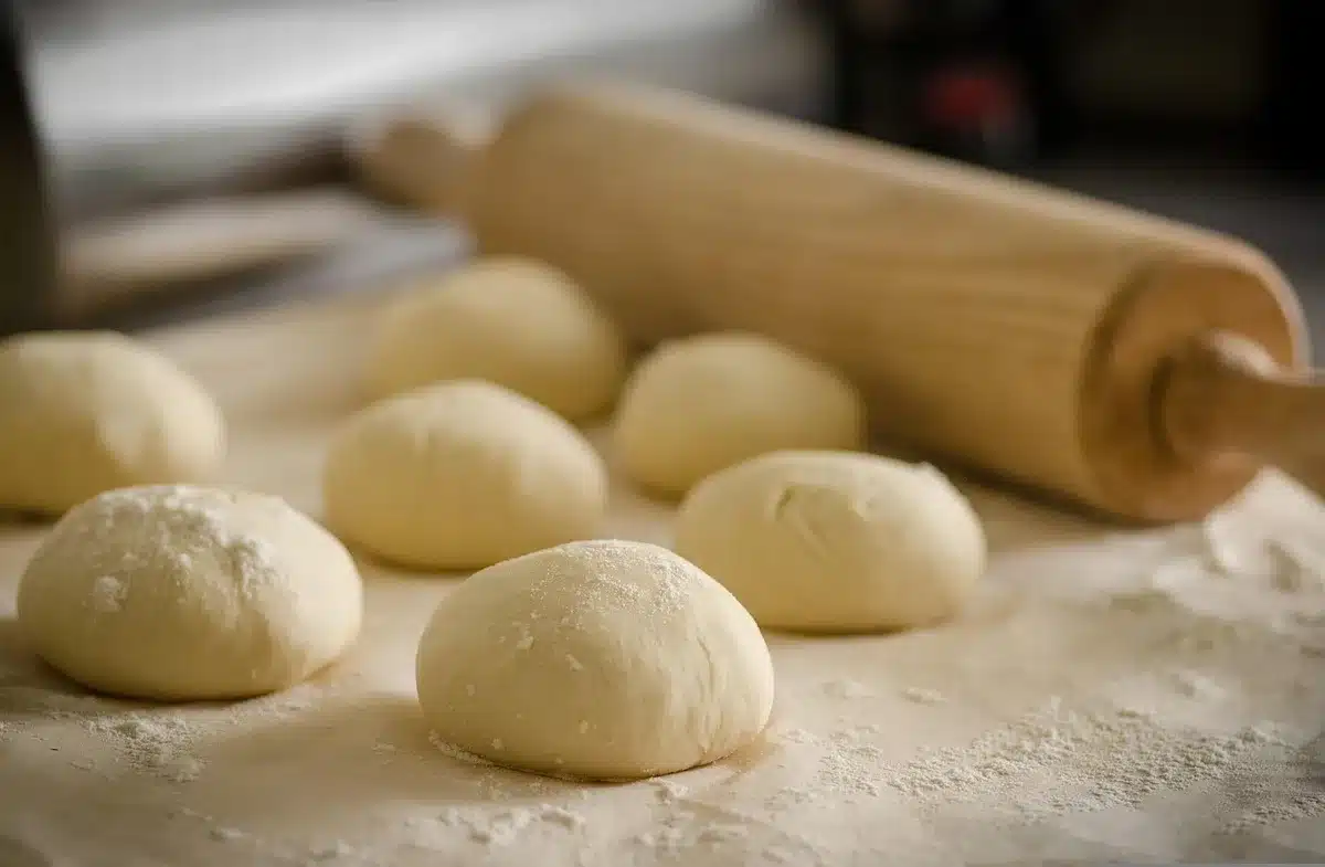 Hands dusting a cloth-lined basket next to a freshly baked loaf, flour dusting visible
