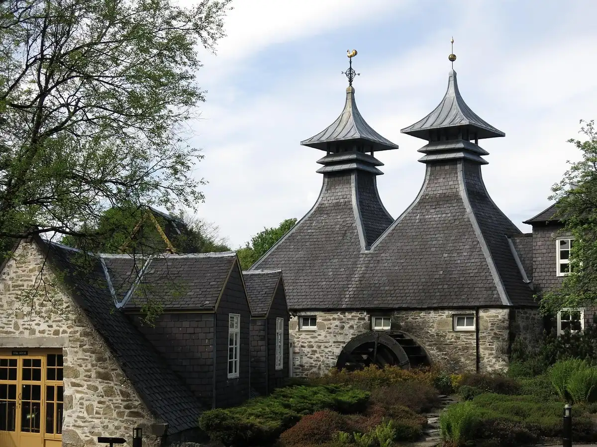 Copper pot stills used in traditional Scottish-style whisky distillation