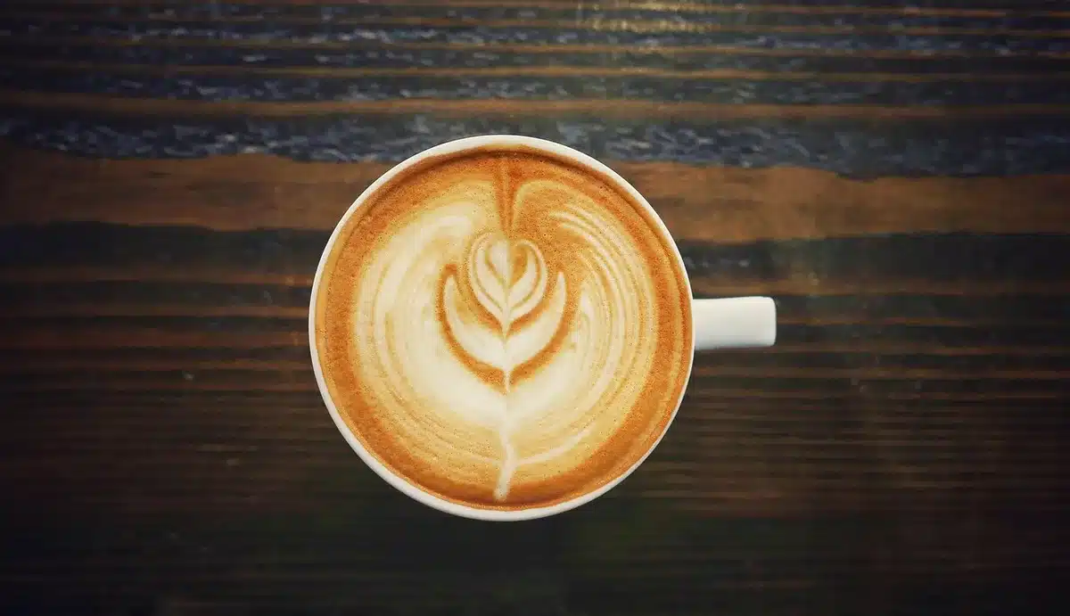 To-go pumpkin-spice latte with pecans and a cinnamon stick on a café counter