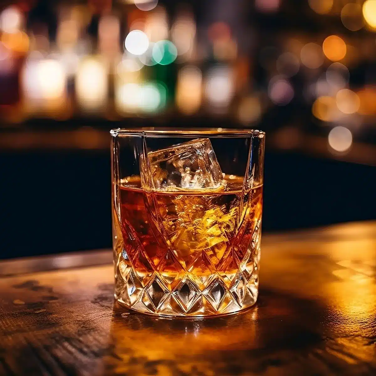 Spiced bourbon cocktail in coupe glass with citrus twist on bar counter