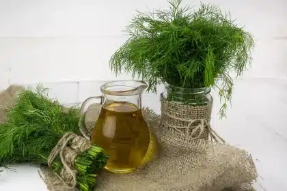 Small jar of golden flavored oil beside crusty bread and lemon on a wooden counter