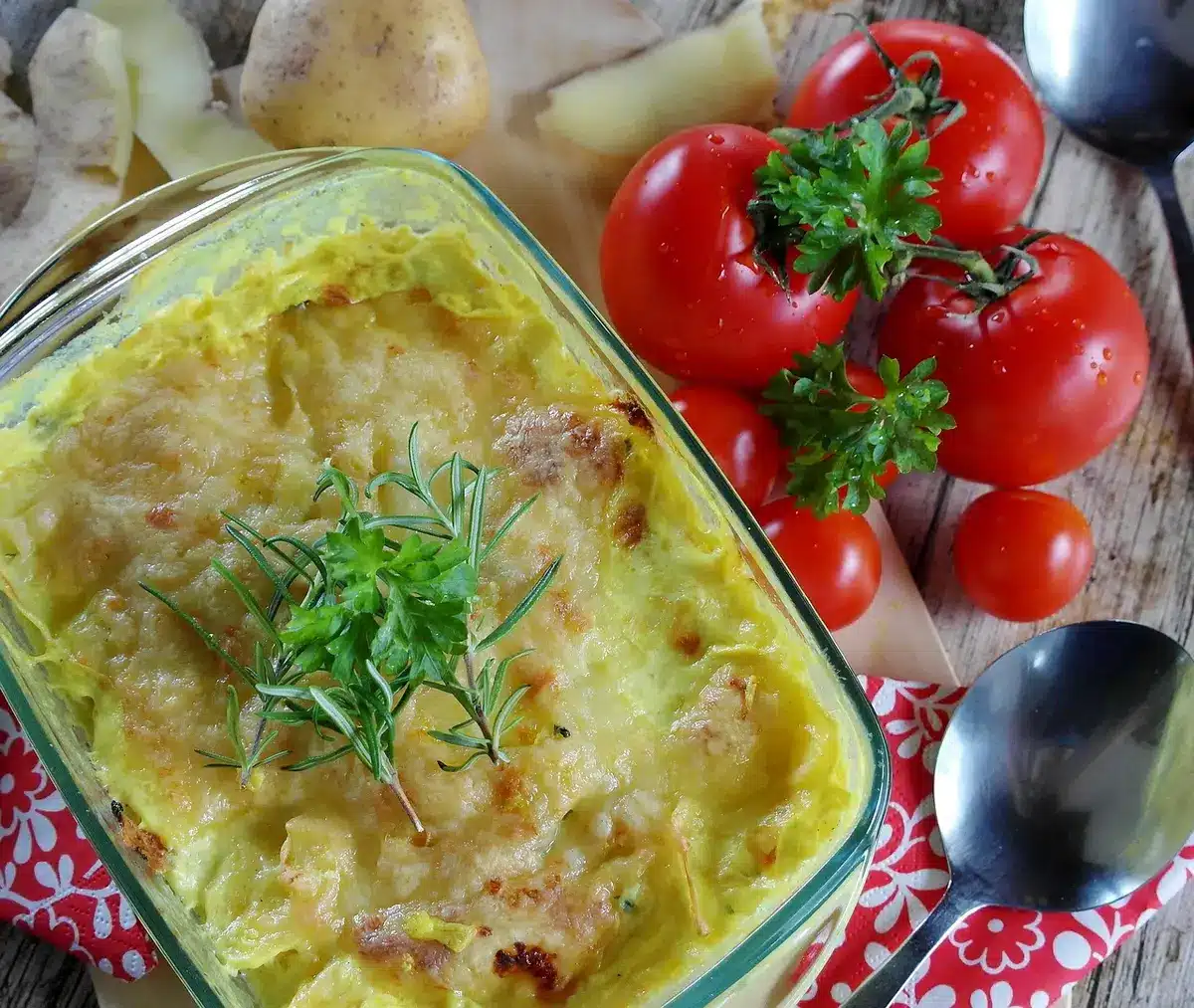 Portioned casserole servings in shallow airtight containers labeled with dates in a fridge