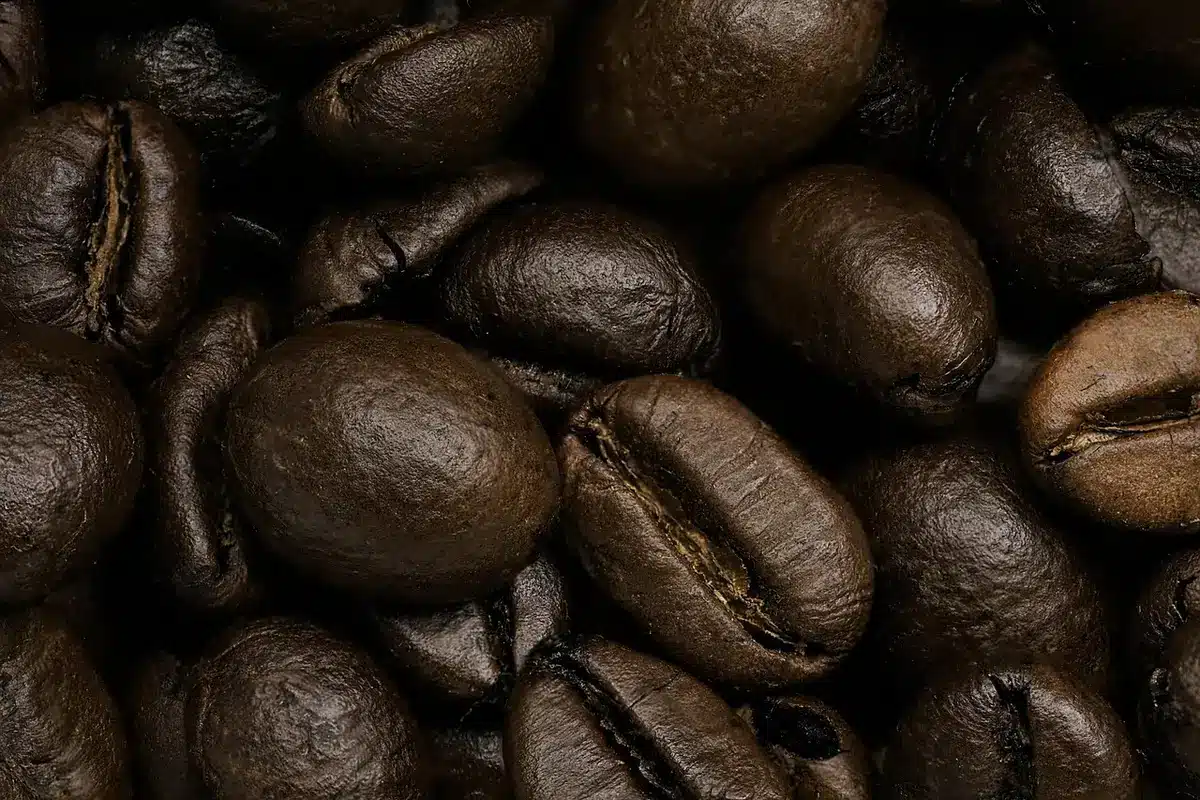 Burlap sacks filled with green coffee beans in a warehouse