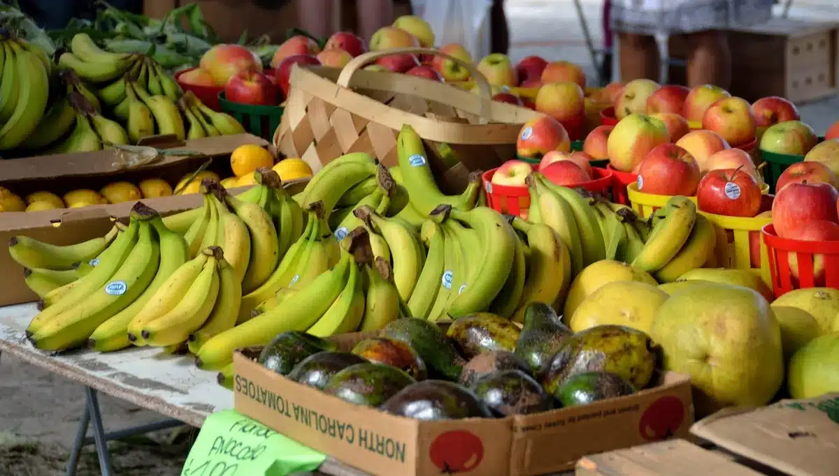 Hands choosing apples and avocados at a market bin with paper labels and a scanner