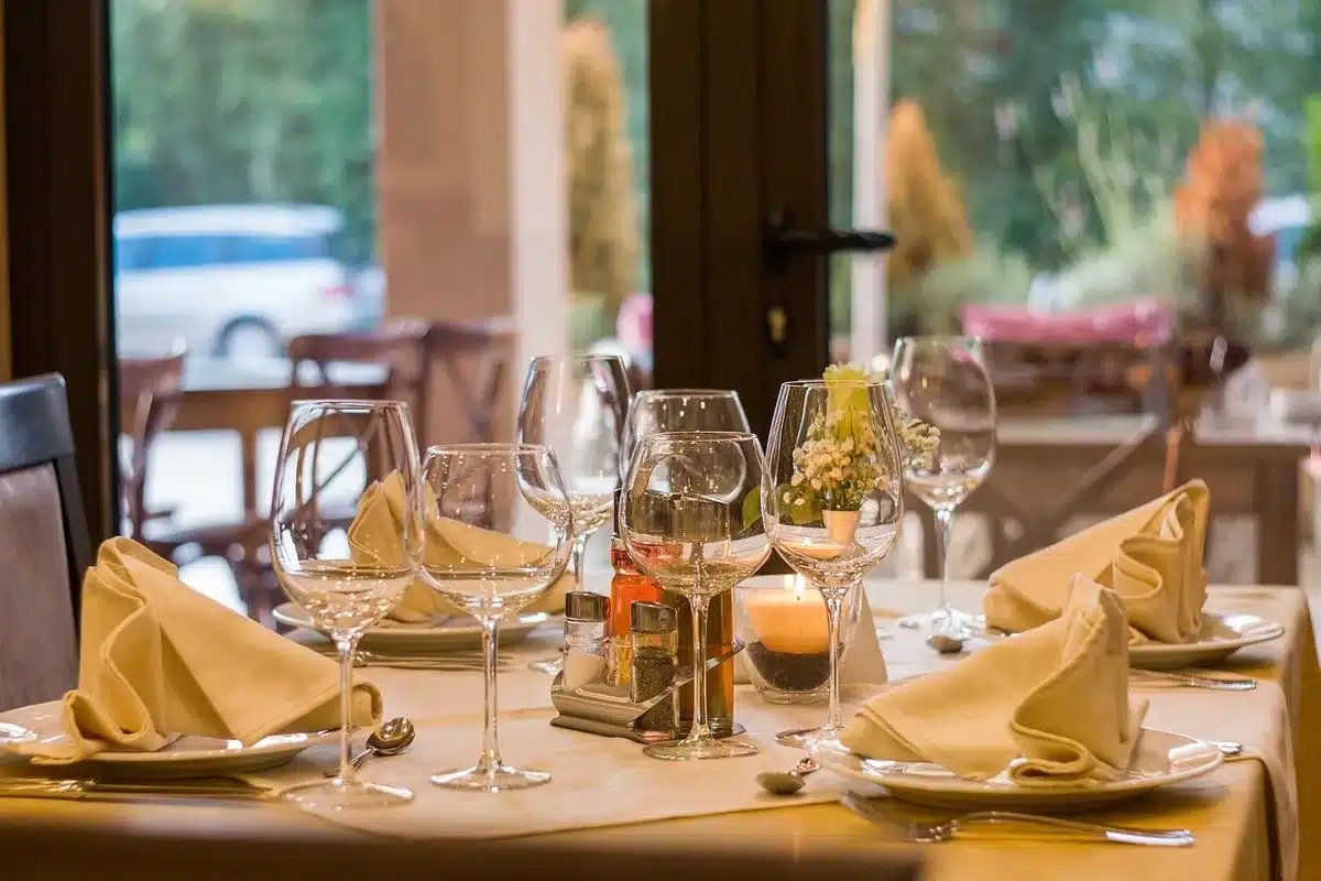 Elegant tasting-menu plating with city skyline view