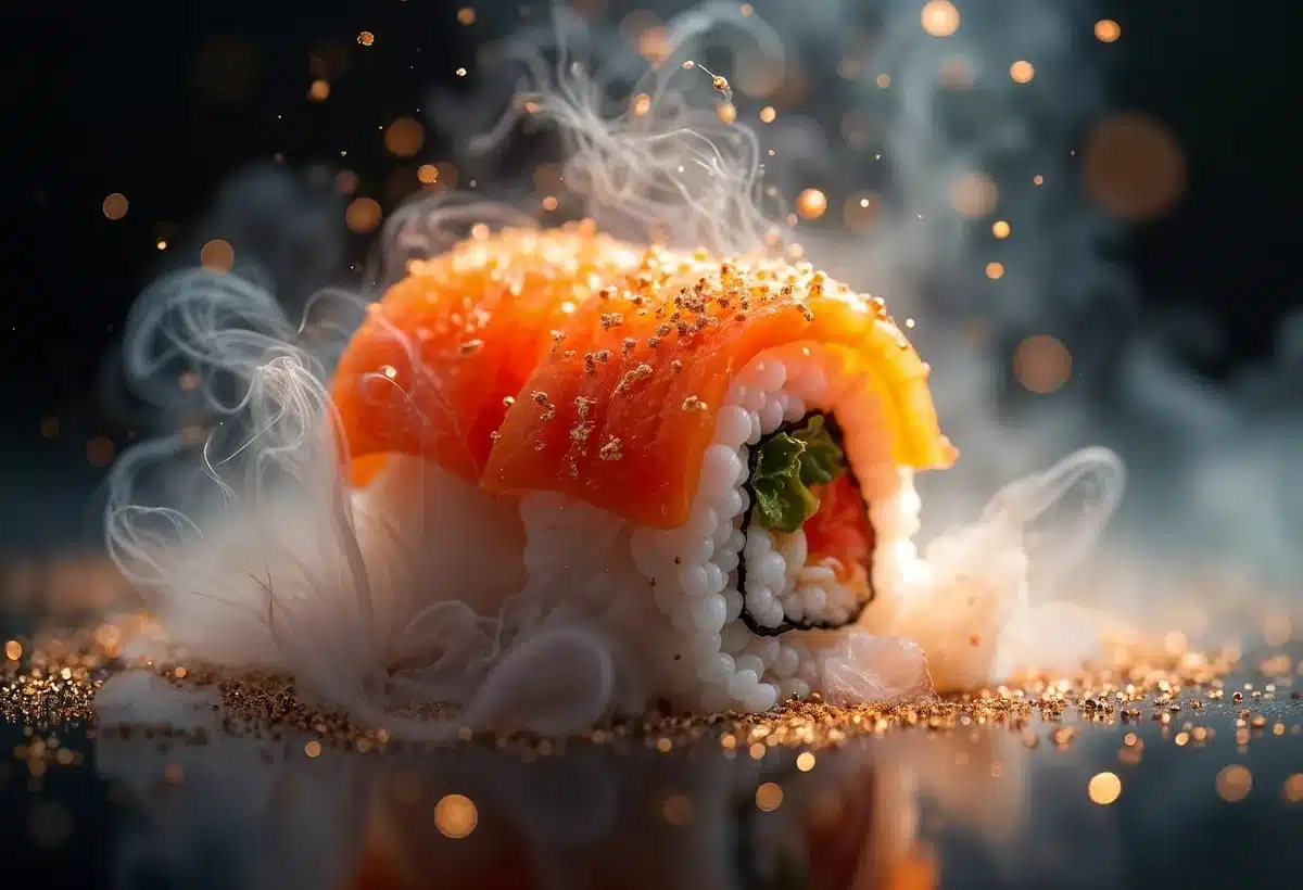 Assorted nigiri pieces on rice seasoned with red vinegar